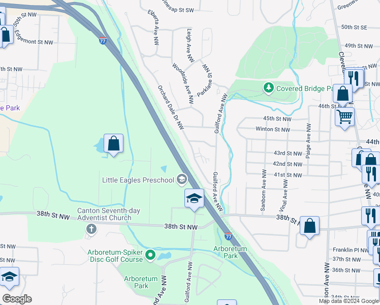 map of restaurants, bars, coffee shops, grocery stores, and more near 4203 Orchard Dale Drive Northwest in Canton