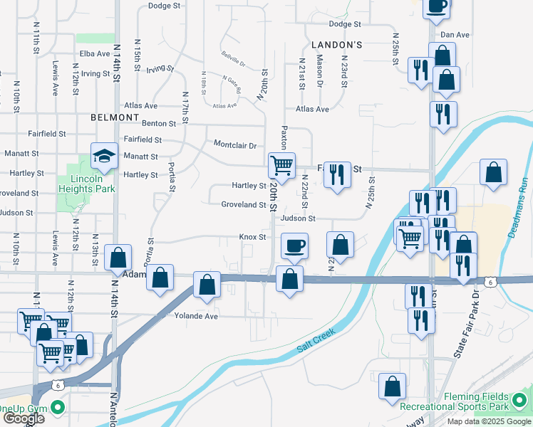 map of restaurants, bars, coffee shops, grocery stores, and more near 1933 Groveland Street in Lincoln