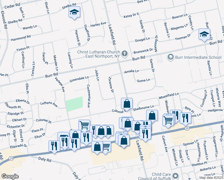 map of restaurants, bars, coffee shops, grocery stores, and more near 13 Zoranne Drive in East Northport