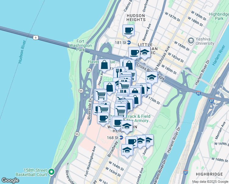 map of restaurants, bars, coffee shops, grocery stores, and more near 306 Fort Washington Avenue in New York