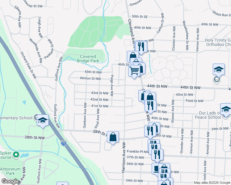 map of restaurants, bars, coffee shops, grocery stores, and more near 2237 42nd Street Northwest in Canton
