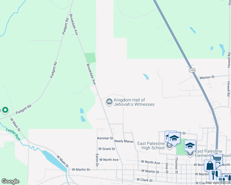 map of restaurants, bars, coffee shops, grocery stores, and more near 103 Claybrook Drive in East Palestine