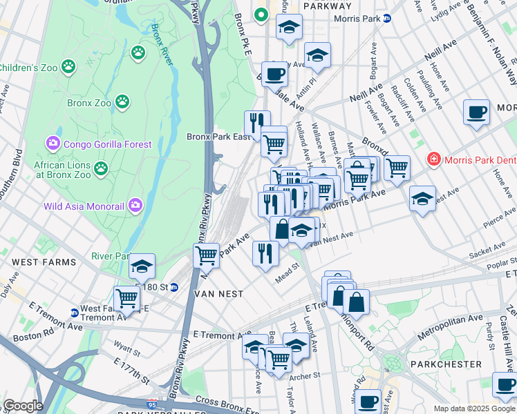 map of restaurants, bars, coffee shops, grocery stores, and more near 1821 Unionport Road in Bronx