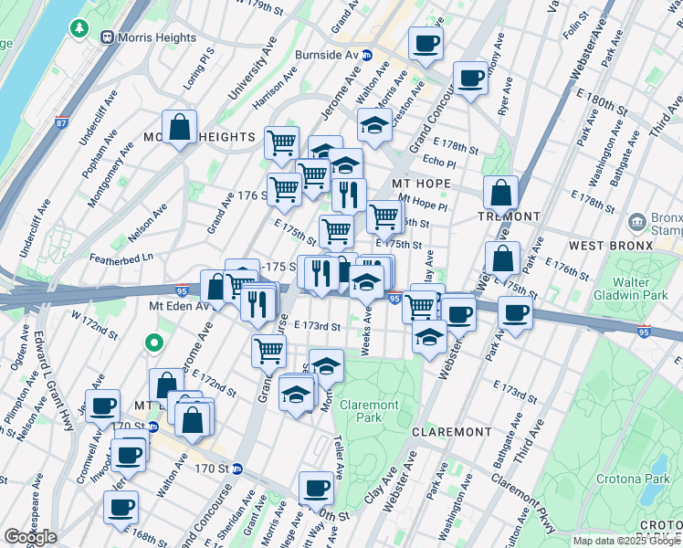 map of restaurants, bars, coffee shops, grocery stores, and more near 1742 Morris Avenue in Bronx