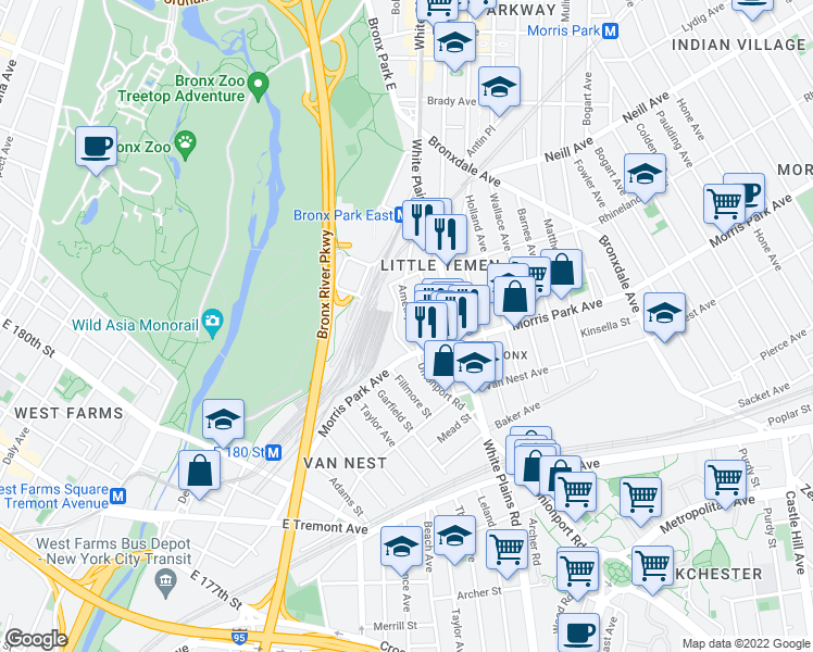 map of restaurants, bars, coffee shops, grocery stores, and more near 1827 Amethyst Street in The Bronx
