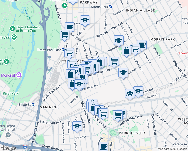 map of restaurants, bars, coffee shops, grocery stores, and more near 780 Morris Park Avenue in The Bronx