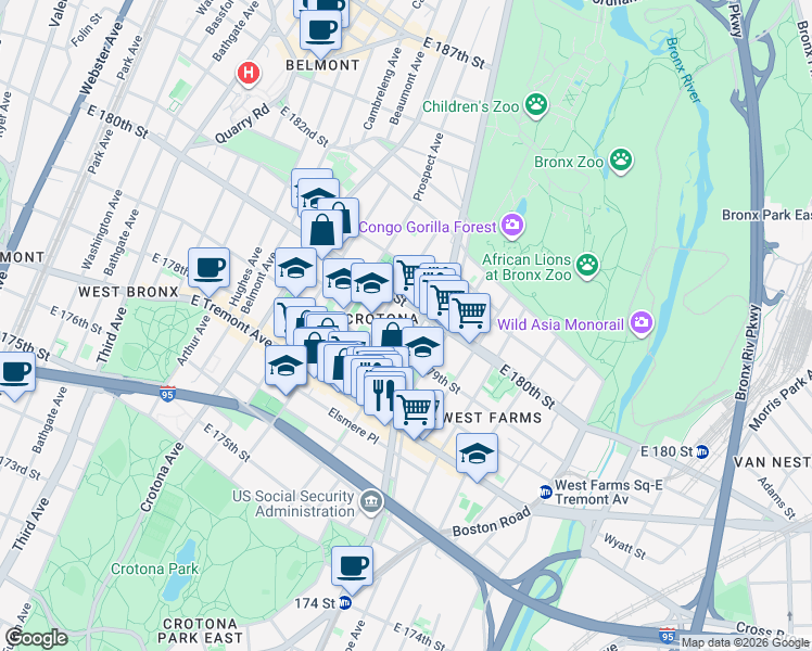 map of restaurants, bars, coffee shops, grocery stores, and more near 2035 Marmion Avenue in The Bronx