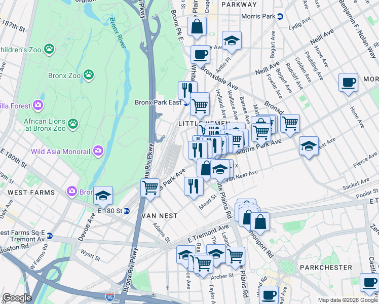 map of restaurants, bars, coffee shops, grocery stores, and more near 1827 Amethyst Street in The Bronx