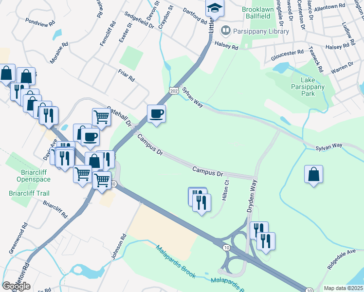 map of restaurants, bars, coffee shops, grocery stores, and more near 4 Campus Drive in Parsippany-Troy Hills