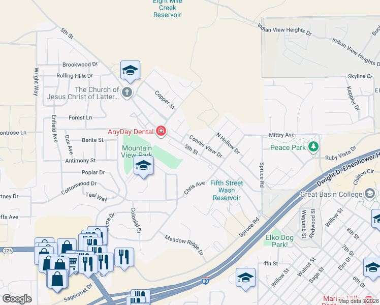 map of restaurants, bars, coffee shops, grocery stores, and more near 2363 5th Street in Elko