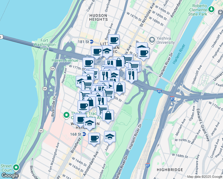 map of restaurants, bars, coffee shops, grocery stores, and more near 580 West 176th Street in New York