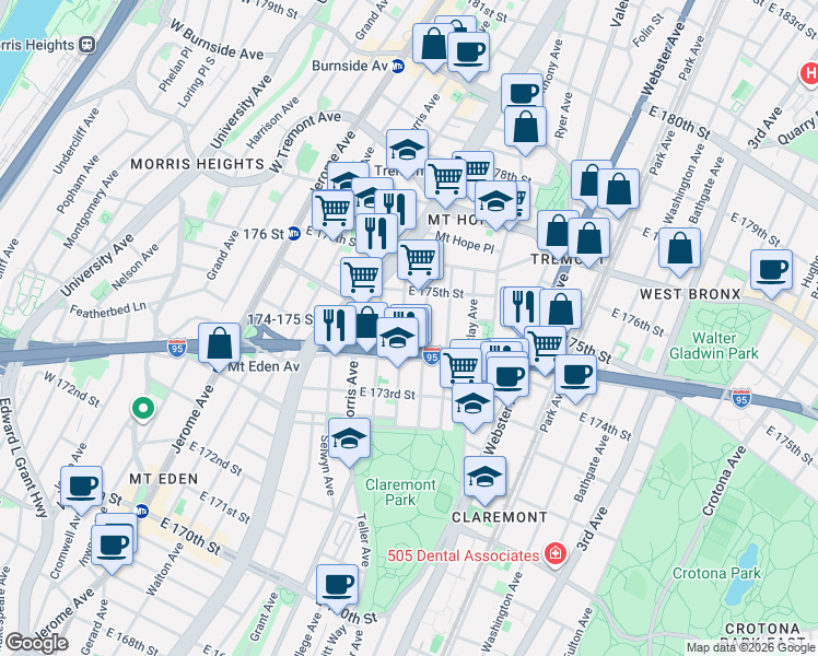 map of restaurants, bars, coffee shops, grocery stores, and more near 1745 Monroe Avenue in Bronx