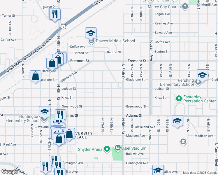 map of restaurants, bars, coffee shops, grocery stores, and more near 5336 Knox Street in Lincoln