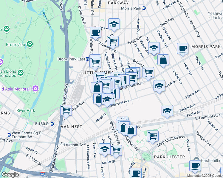 map of restaurants, bars, coffee shops, grocery stores, and more near 731 Morris Park Avenue in Bronx