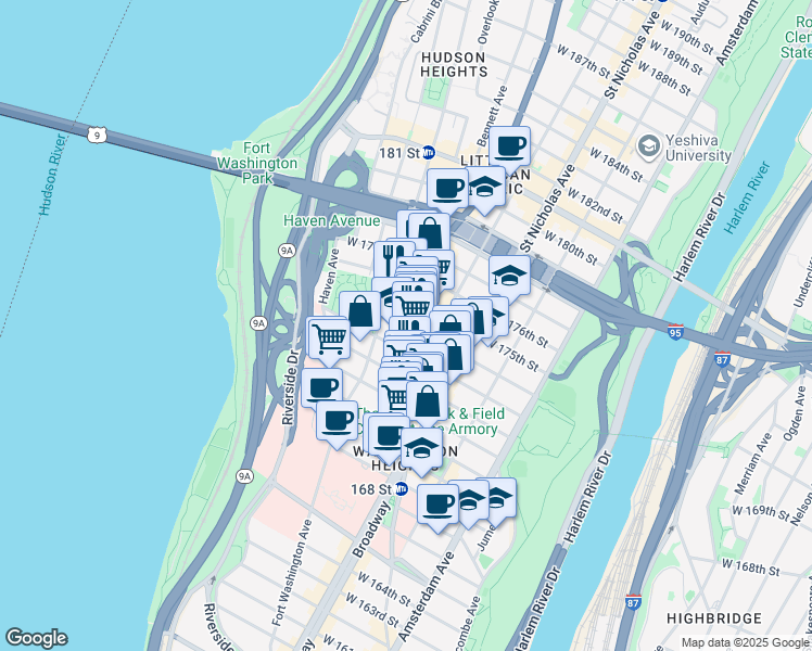 map of restaurants, bars, coffee shops, grocery stores, and more near 641 West 174th Street in New York