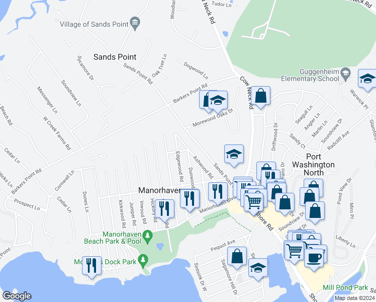 map of restaurants, bars, coffee shops, grocery stores, and more near 60 Edgewood Road in Port Washington
