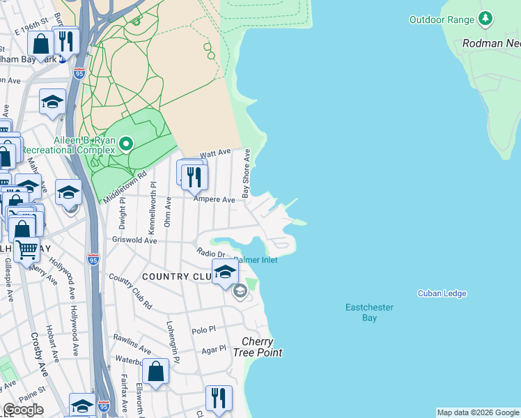 map of restaurants, bars, coffee shops, grocery stores, and more near 1516 Outlook Avenue in Bronx