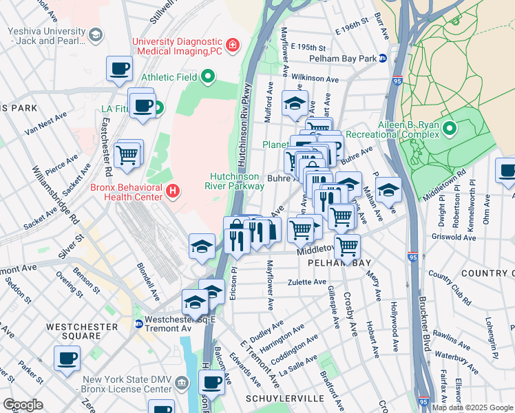 map of restaurants, bars, coffee shops, grocery stores, and more near 1662A Hutchinson River Parkway in The Bronx