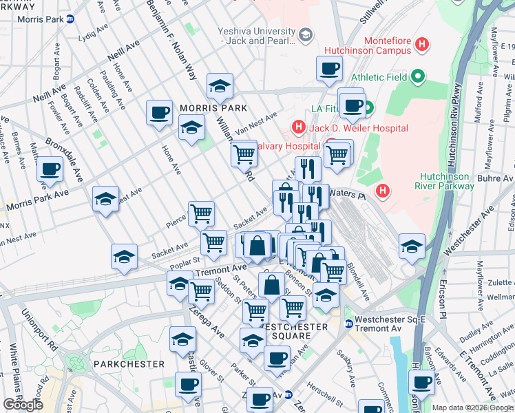 map of restaurants, bars, coffee shops, grocery stores, and more near 2577 Poplar Street in The Bronx