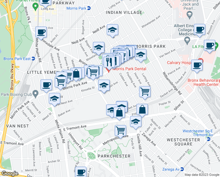 map of restaurants, bars, coffee shops, grocery stores, and more near 1644 Fowler Avenue in Bronx