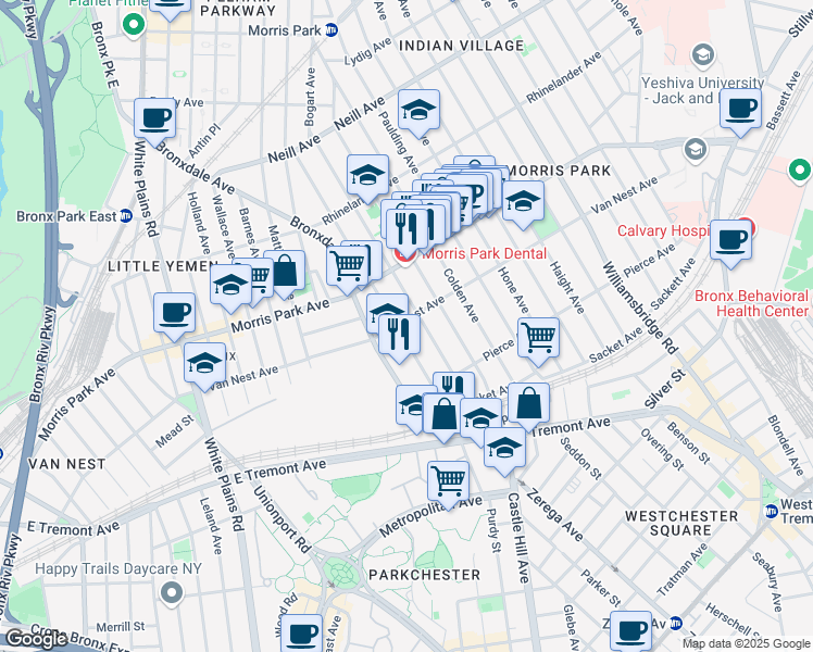 map of restaurants, bars, coffee shops, grocery stores, and more near 1644 Fowler Avenue in Bronx