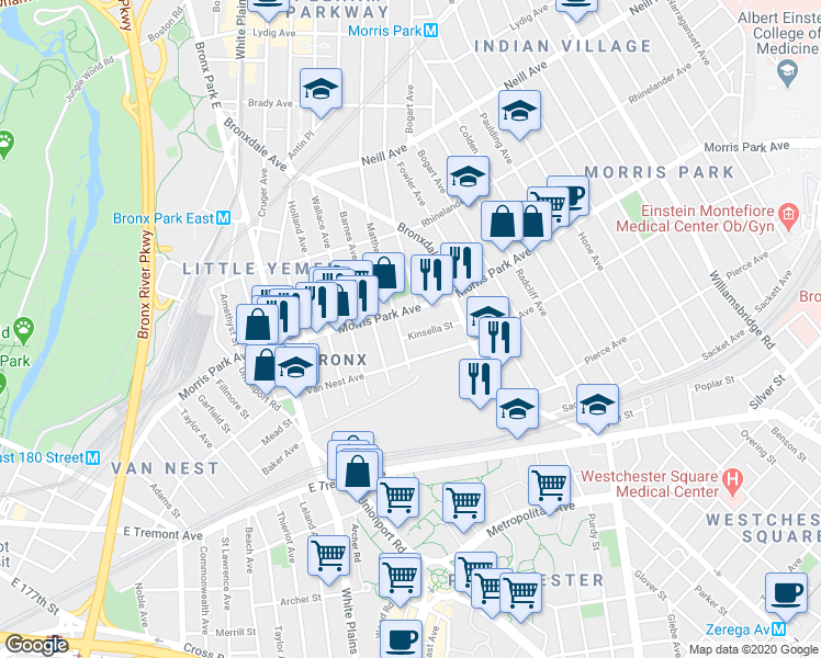 map of restaurants, bars, coffee shops, grocery stores, and more near 1713 Matthews Avenue in Bronx