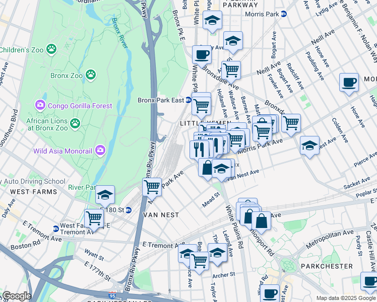 map of restaurants, bars, coffee shops, grocery stores, and more near 1821 Unionport Road in Bronx