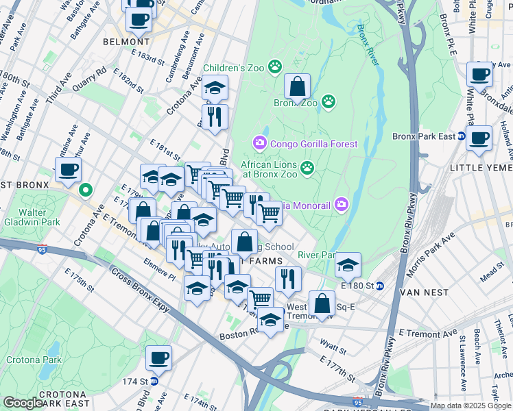 map of restaurants, bars, coffee shops, grocery stores, and more near 2116 Daly Avenue in The Bronx