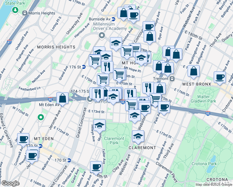 map of restaurants, bars, coffee shops, grocery stores, and more near 1745 Monroe Avenue in Bronx