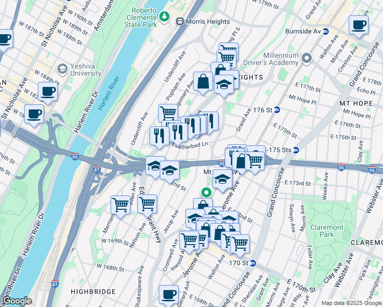 map of restaurants, bars, coffee shops, grocery stores, and more near 1548 Jesup Avenue in Bronx