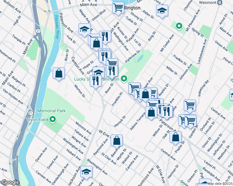 map of restaurants, bars, coffee shops, grocery stores, and more near 16 Franklin Place in East Rutherford