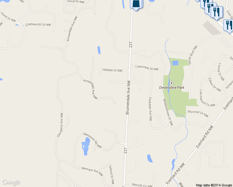 map of restaurants, bars, coffee shops, grocery stores, and more near 4240 Armandale Avenue Northwest in Canton