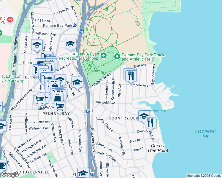 map of restaurants, bars, coffee shops, grocery stores, and more near 1525 Kennellworth Place in Bronx
