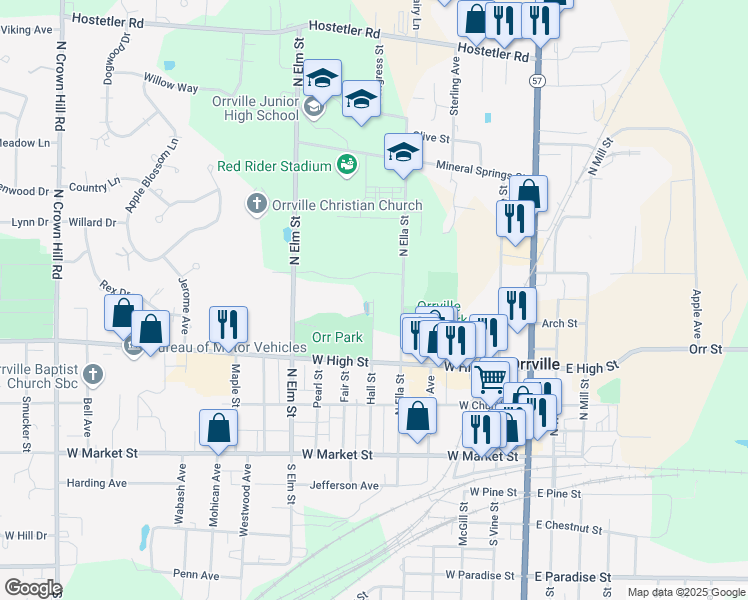 map of restaurants, bars, coffee shops, grocery stores, and more near 500 Hall Street in Orrville