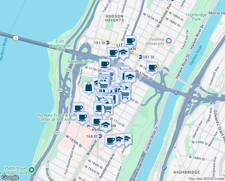 map of restaurants, bars, coffee shops, grocery stores, and more near 29 Wadsworth Avenue in New York