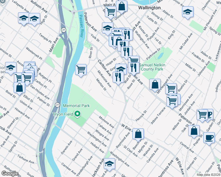 map of restaurants, bars, coffee shops, grocery stores, and more near 745 Morton Street in East Rutherford