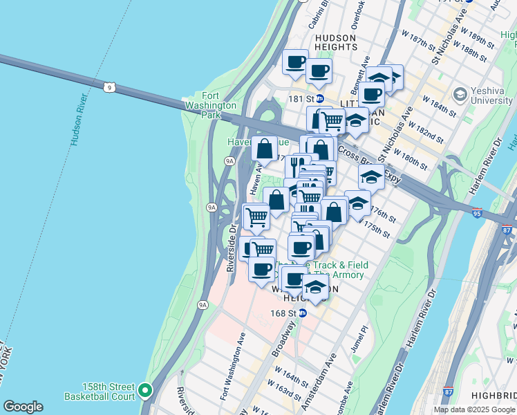 map of restaurants, bars, coffee shops, grocery stores, and more near in New York