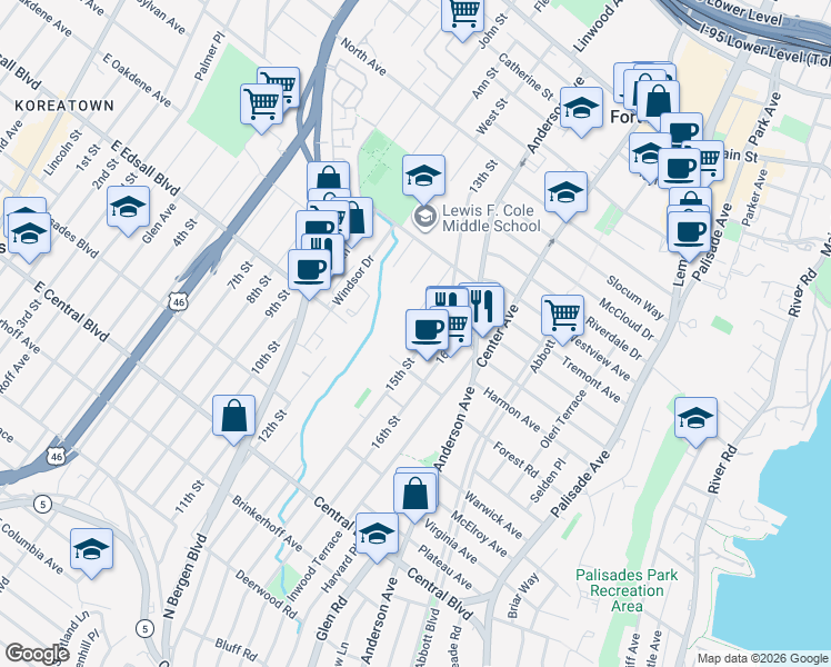 map of restaurants, bars, coffee shops, grocery stores, and more near 1355 15th Street in Fort Lee