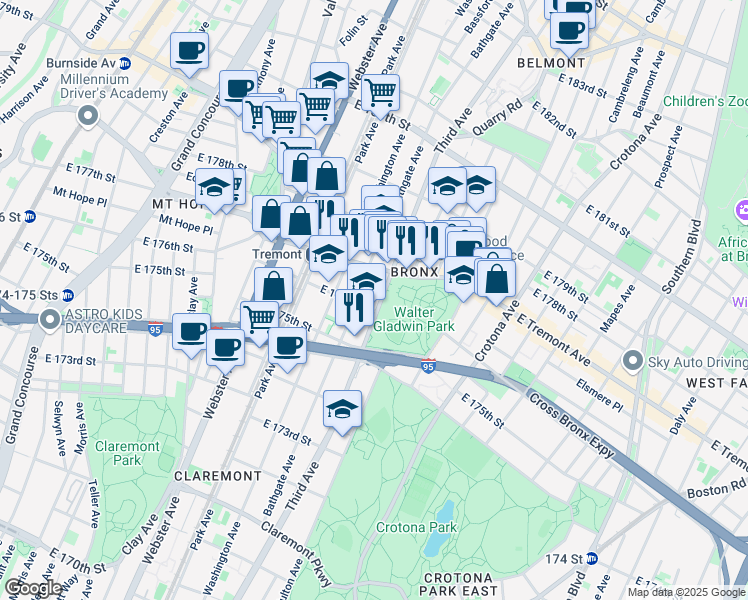 map of restaurants, bars, coffee shops, grocery stores, and more near in The Bronx
