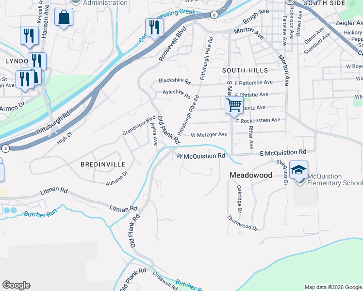 map of restaurants, bars, coffee shops, grocery stores, and more near 126 West Metzger Avenue in Butler