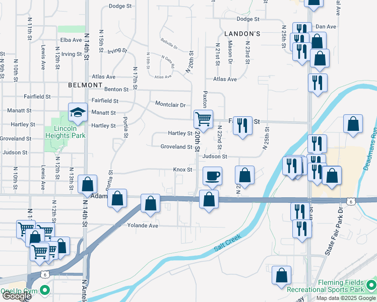 map of restaurants, bars, coffee shops, grocery stores, and more near 1923 Groveland Street in Lincoln