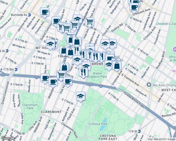 map of restaurants, bars, coffee shops, grocery stores, and more near in The Bronx