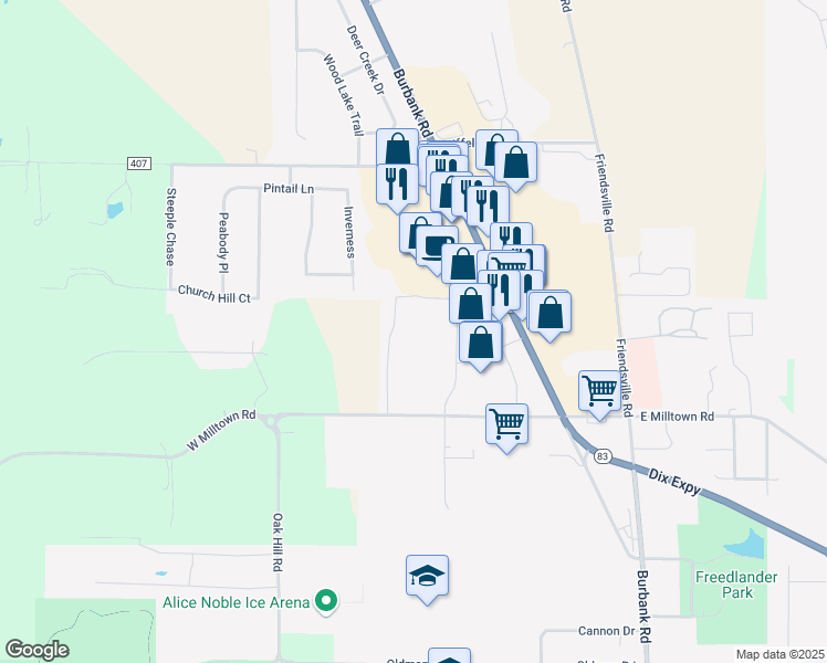 map of restaurants, bars, coffee shops, grocery stores, and more near 3792 Burbank Road in Wooster