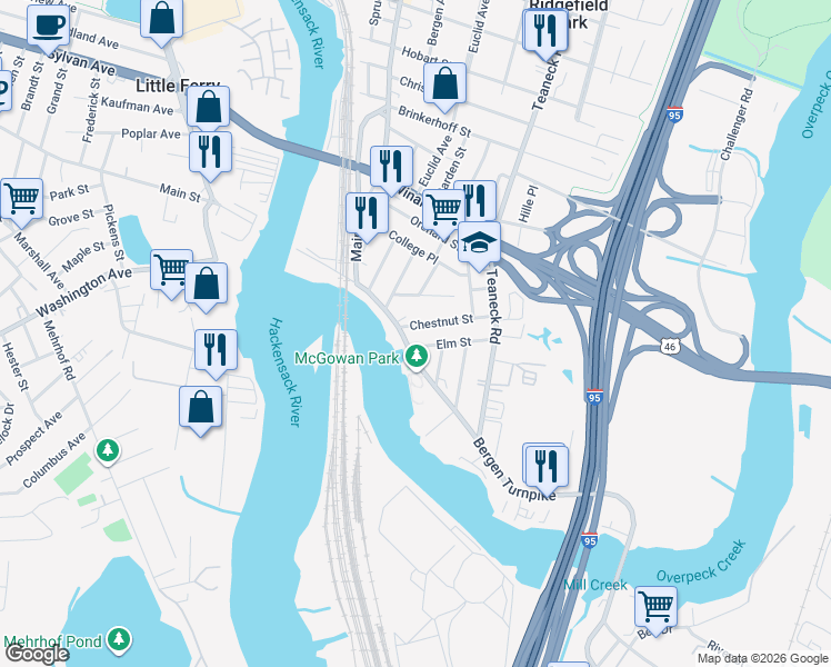 map of restaurants, bars, coffee shops, grocery stores, and more near 7 Alpine Court in Ridgefield Park