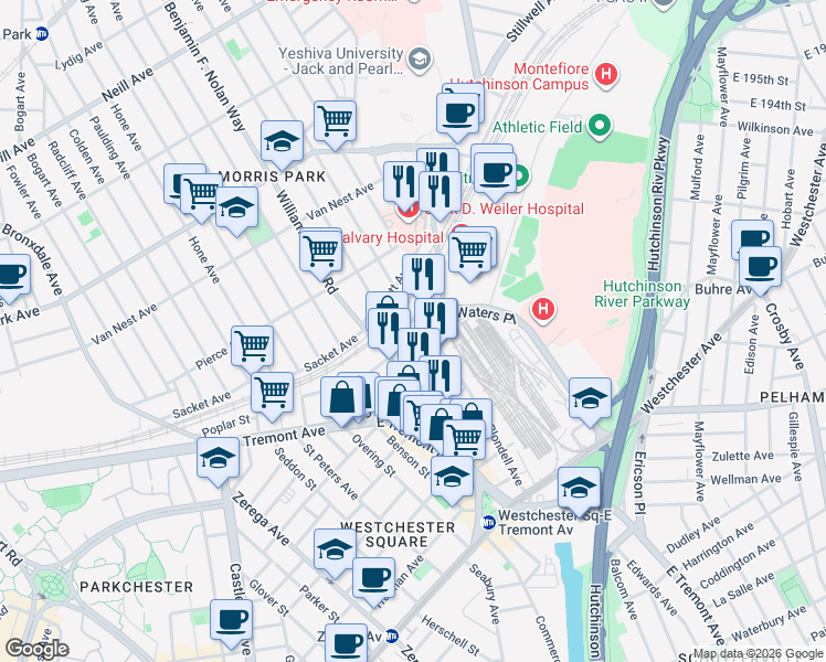 map of restaurants, bars, coffee shops, grocery stores, and more near 1525 Jarrett Place in Bronx