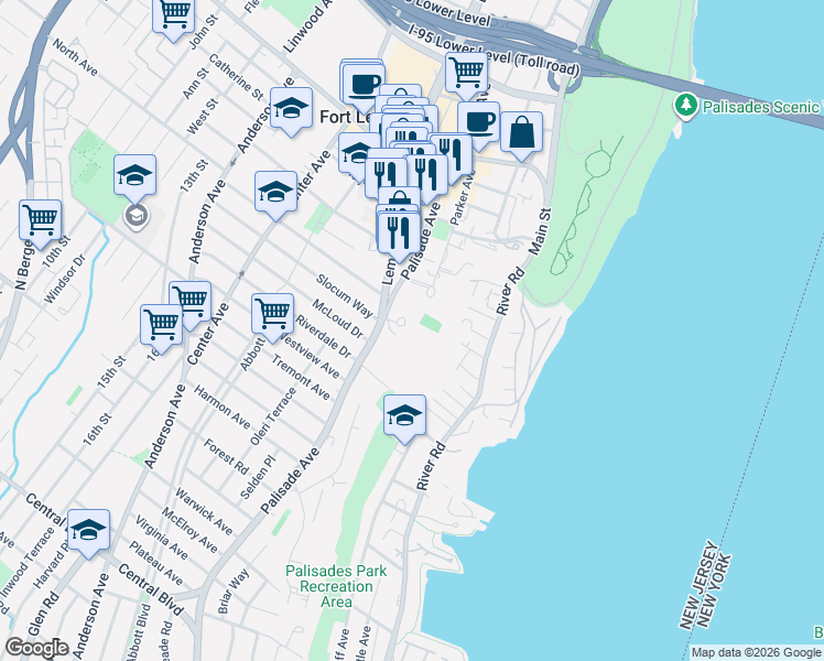 map of restaurants, bars, coffee shops, grocery stores, and more near 1512 Palisade Avenue in Fort Lee