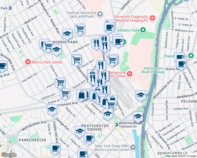 map of restaurants, bars, coffee shops, grocery stores, and more near 1525 Jarrett Place in Bronx