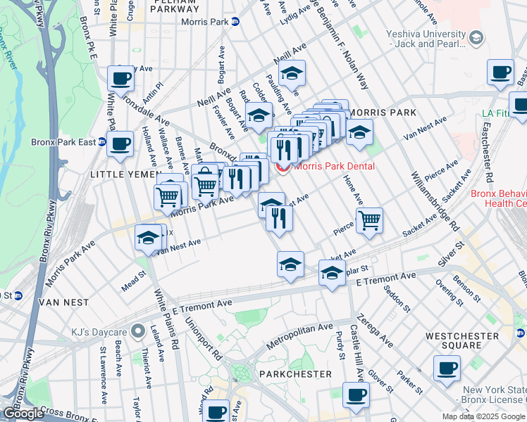 map of restaurants, bars, coffee shops, grocery stores, and more near 1727 Fowler Avenue in The Bronx