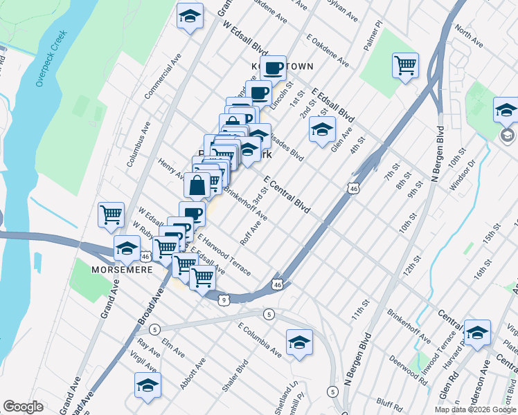 map of restaurants, bars, coffee shops, grocery stores, and more near 248 2nd Street in Palisades Park