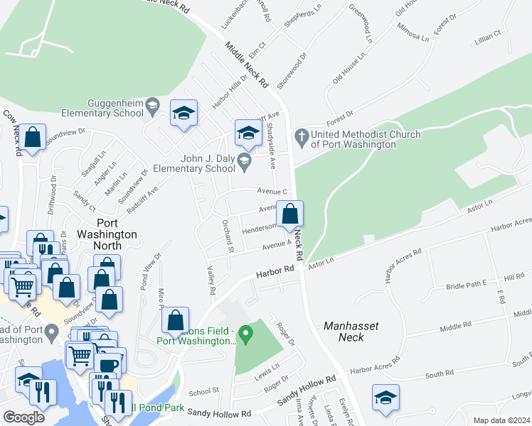 map of restaurants, bars, coffee shops, grocery stores, and more near 38 Avenue B in Port Washington